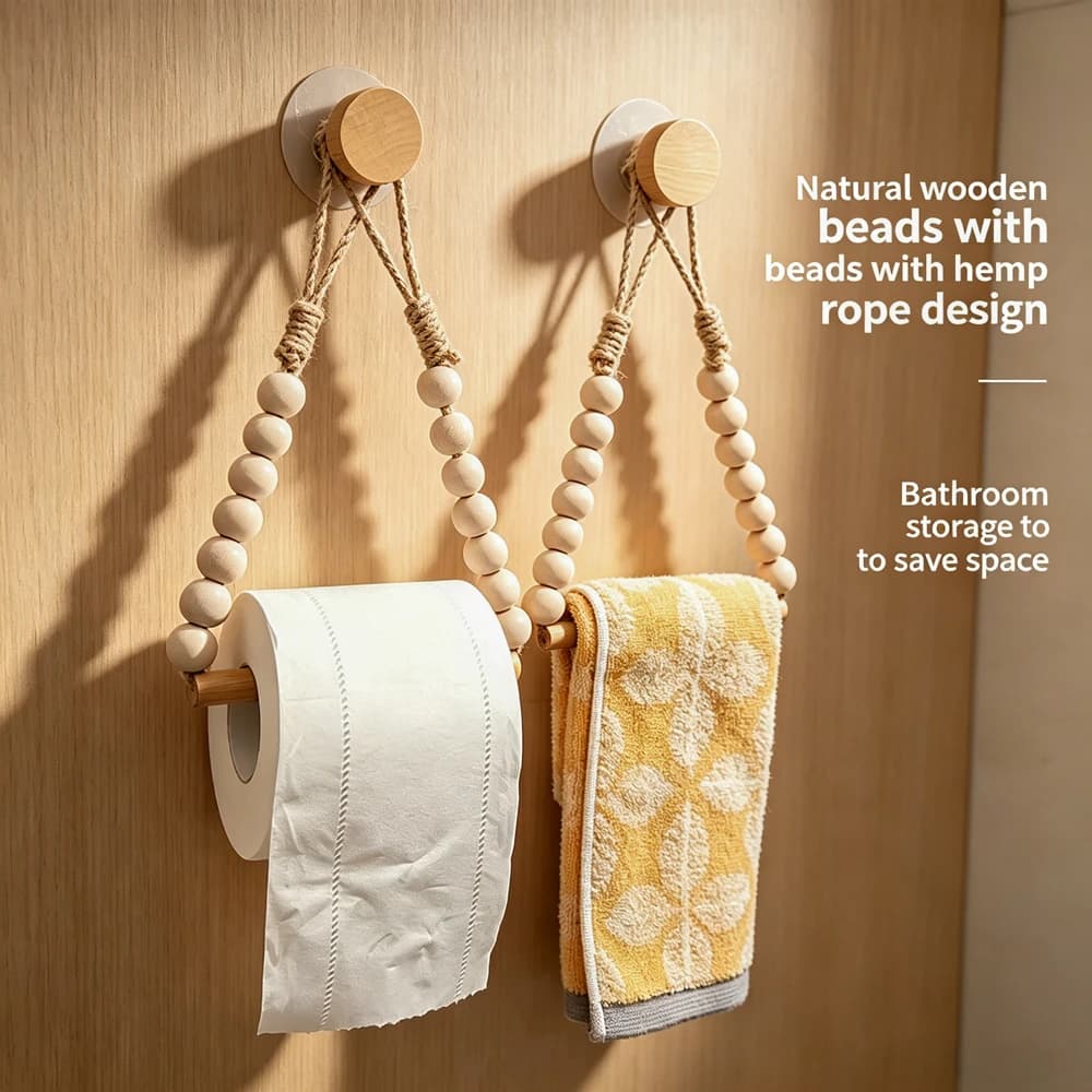Rustic Farmhouse Toilet Paper Holder, No Drill Self Adhesive Tissue Roll Rack with Rope Wooden Ball, Bathroom Accessory