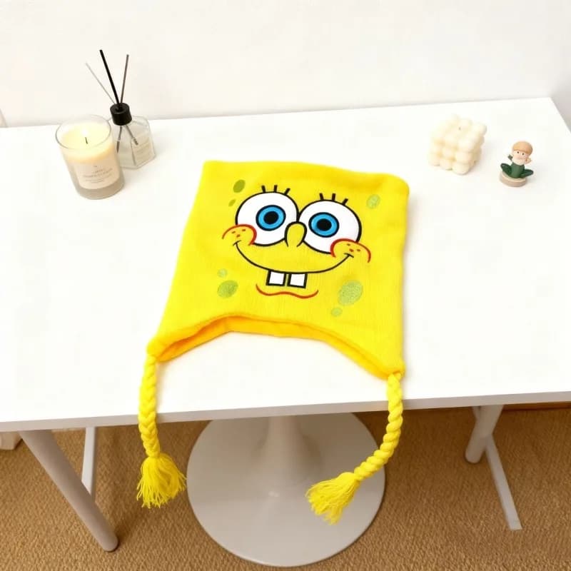 Cute SpongeBo Funny Thin Fleece Hat Winter Embroidered Warm Beanie for Head Circumference Within 58cm Ideal Birthday Gift Anime