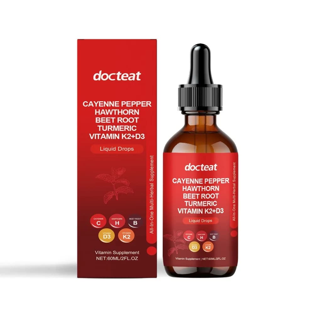 Docteat Integratore Vitaminico Liquido in Gocce K2 D3 B1 Hawthorn Peperoncino di Cayenne Barbabietola Curcuma 60 ml 55% Integratore Alimentare per il Supporto Quotidiano