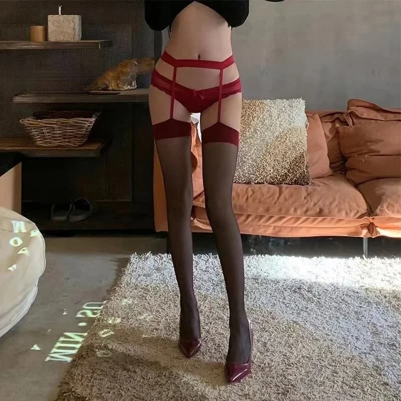 Calze Autoreggenti in Nylon Cosplay Lingerie Sexy Erotica con Reggicalze Calze Lunghe da Donna Ultra-sottili Trasparenti