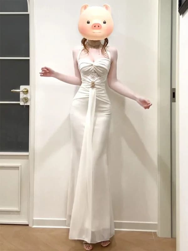 Elegante Abito in Pizzo con Spalle Scoperte, Gonna a Trapezio Modellante, Stile Francese, Vita Alta, in Fibra di Poliestere Non Elasticizzata, per Estate Primavera Autunno