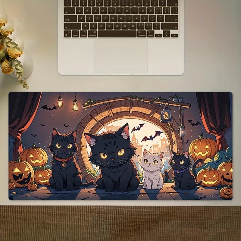 Tappetino per Mouse XXL Halloween con Gatto Nero e Zucca, Bordo Cucito in Gomma Antiscivolo, Grande Tappetino da Scrivania per PC, Laptop, Ufficio, Gaming, Regalo