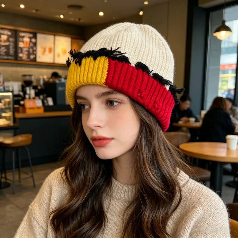 Women Contrast Color Knit Beanie Hat Frayed Fringe Winter Warm Stretch Skull Cap Outdoor Ski Hat
