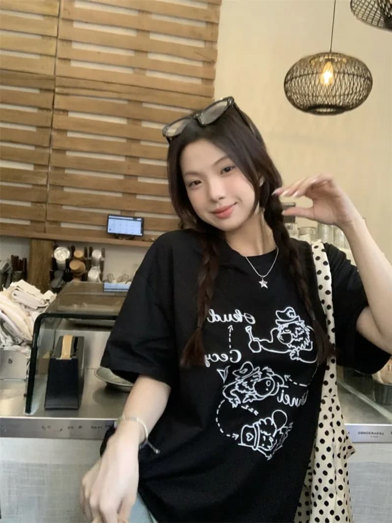 Black round Neck Short Sleeve T-Shirt Women's Summer Casual Loose Slimming Casual Top Comfortable Cotton Print Design