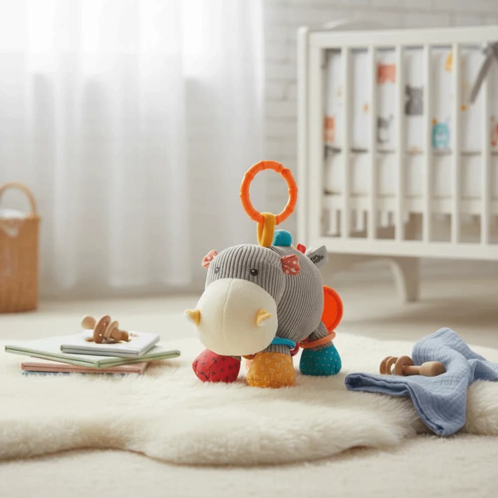 Ciondoli morbidi in peluche per neonati con cordino, design a cartone animato, giocattoli educativi da mordere, morbidi giocattoli in peluche per bambini