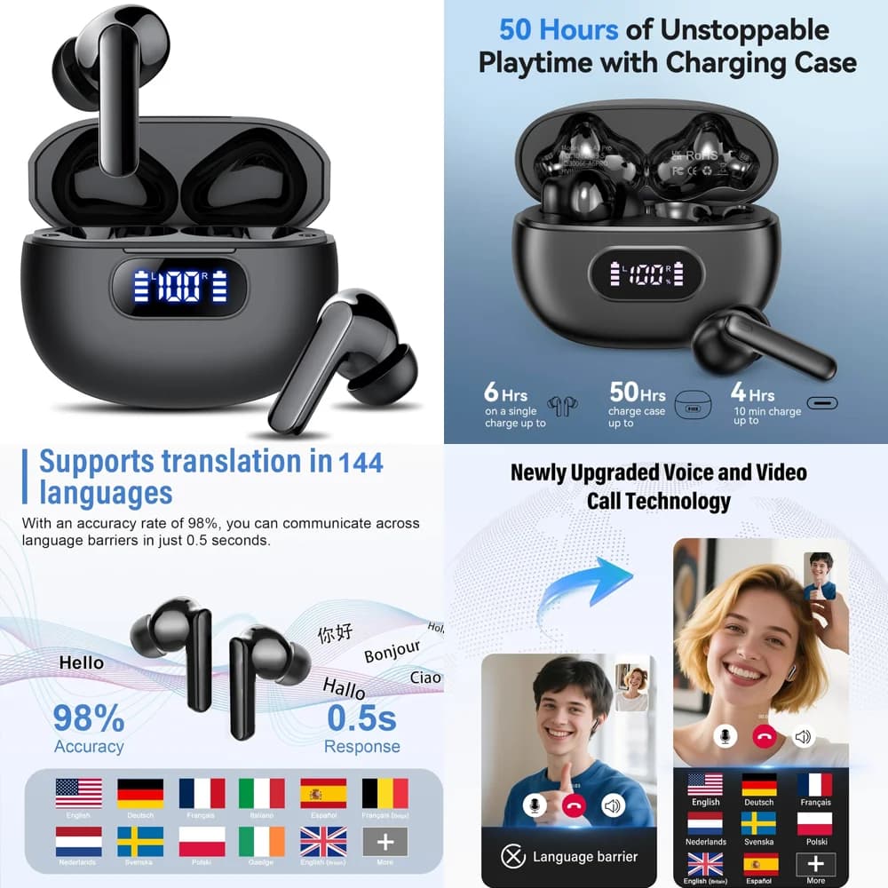 Auricolari TWS Wireless con Traduzione in Tempo Reale, BT 5.4, Traduttore Linguistico AI con 144 Lingue Online, Prodotti di Tendenza