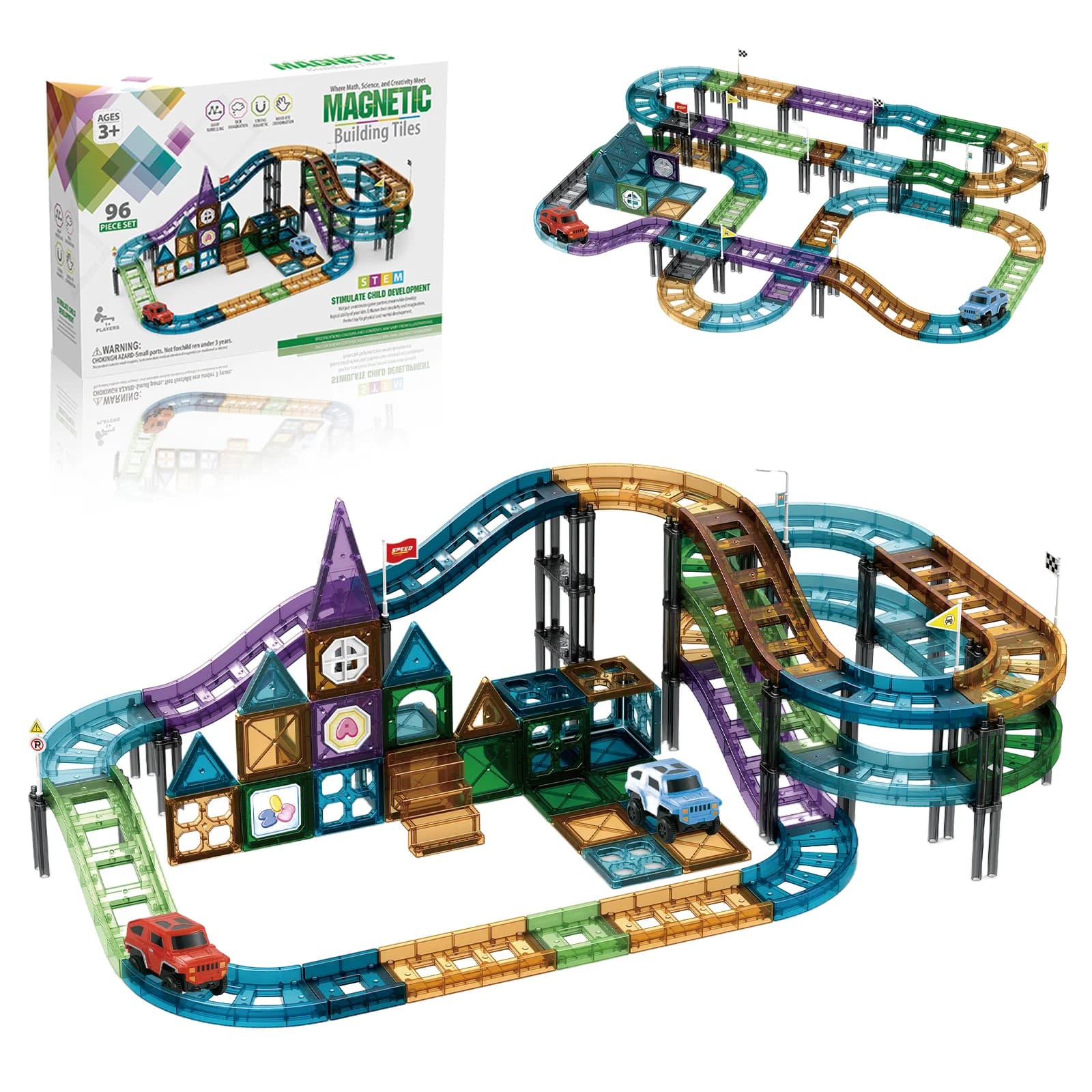 Magnetic Tiles Track Car Set, DIY Assembly 3D Magnetic Building Blocks Rail Car, Educational STEM Toy Gift for Kids Boys Girls