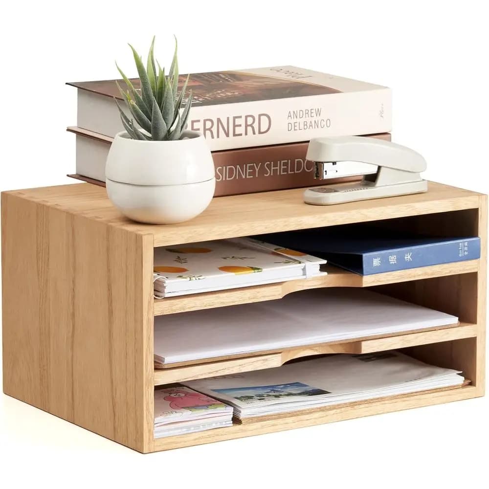 Organizer da Scrivania in Legno Naturale con Porta Carta a 3 Livelli e Vassoio Porta Lettere per Accessori Casa o Ufficio