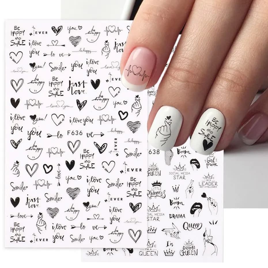 2 pieces Heart Love Design 3D Nail Art Stickers English Letter Cool Girl Face Sliders Valentine's Manicure