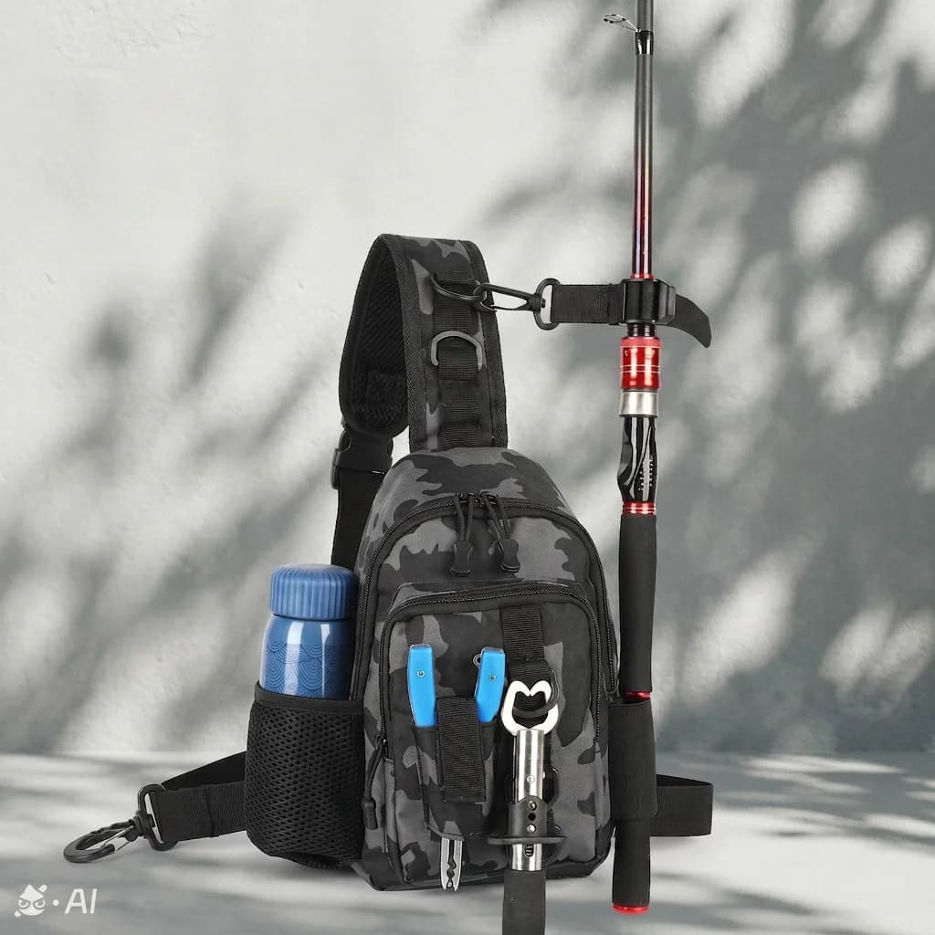 Lightweight and portable lure bag for outdoor fishing, tactical chest bag, gray camouflage single-shoulder fishing gear bag, outdoor fishing gear bag, multi-functional crossbody shoulder bag, outdoor lure equipment multi-functional single-shoulder backpack