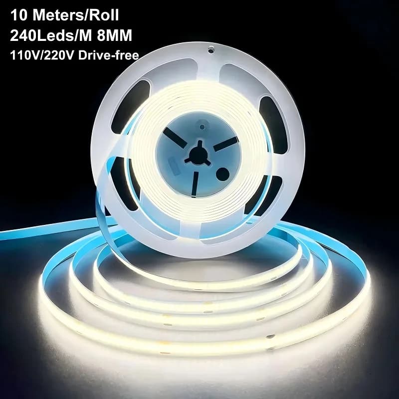 10 metri/rotolo 110V 220V 8mm Cob Led Strip IP22 No Sfarfallio autoadesivo Bordo nudo Ra80 Taglio libero Flessibile Led Strip Light