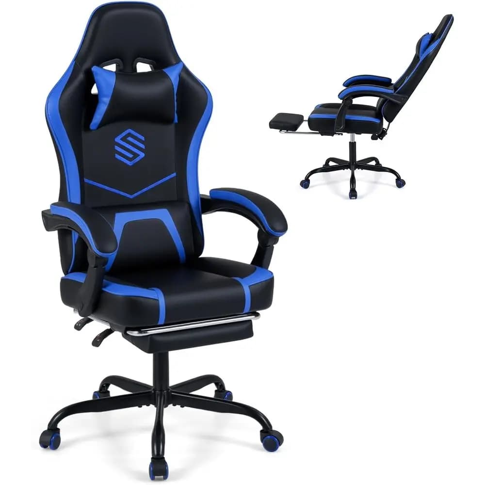 Sedia da Gaming Ergonomica Blu con Regolazione dell'Altezza, Supporto Lombare, Schienale Reclinabile e Poggiapiedi
