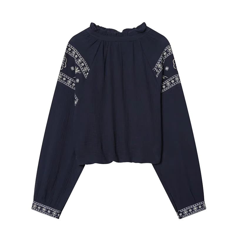 YENKYE Vintage Boho Women Navy Blue Embroidery Blouse Ruffle Round Neck Long Sleeve Casual Top