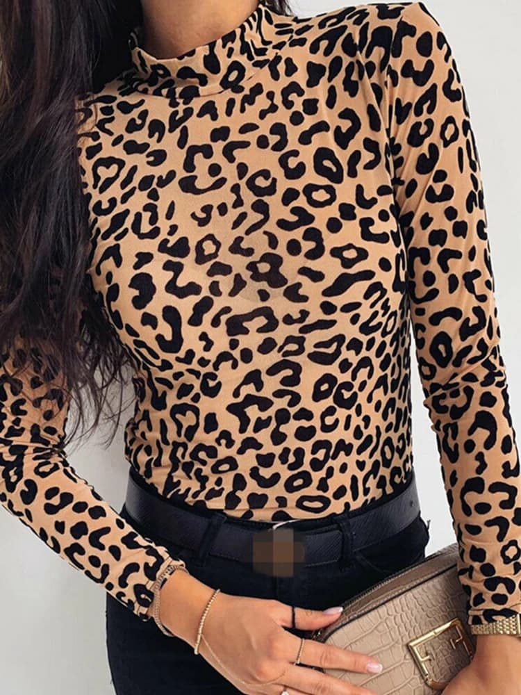 Women's blouse High neck shirt with fashionable leopard print Autumn long sleeve shirts Women's party dresses Women's blouses and tops