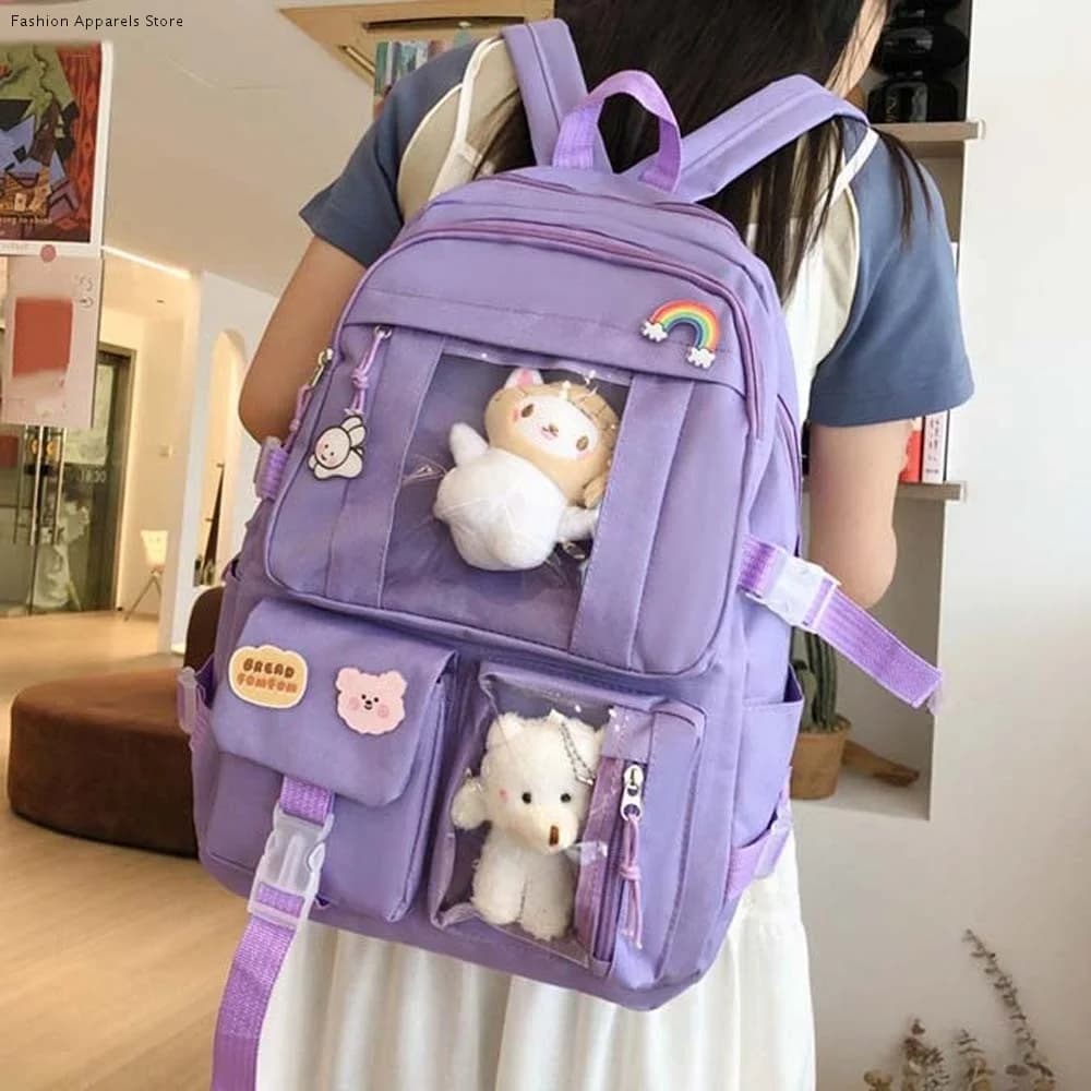 Zaino Ita in Nylon Tinta Unita Antipolvere con Spille Cartoon, Borsa Scolastica per Studenti, Prevenzione Graffi in Poliestere