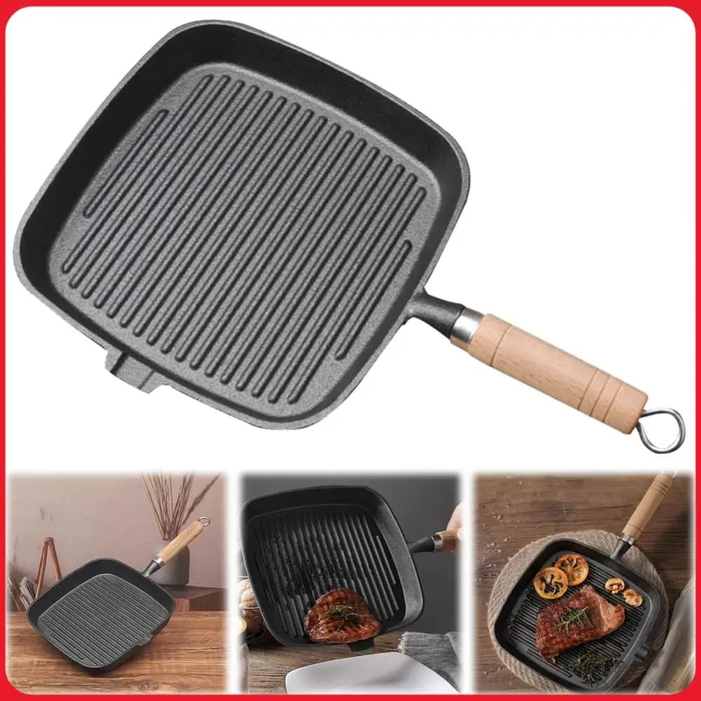 Padella in Ferro per Bistecche con Manico in Legno, Pentola Antiaderente Non Rivestita, Padella per Friggere Bistecche, Uso Interno ed Esterno, per Campeggio