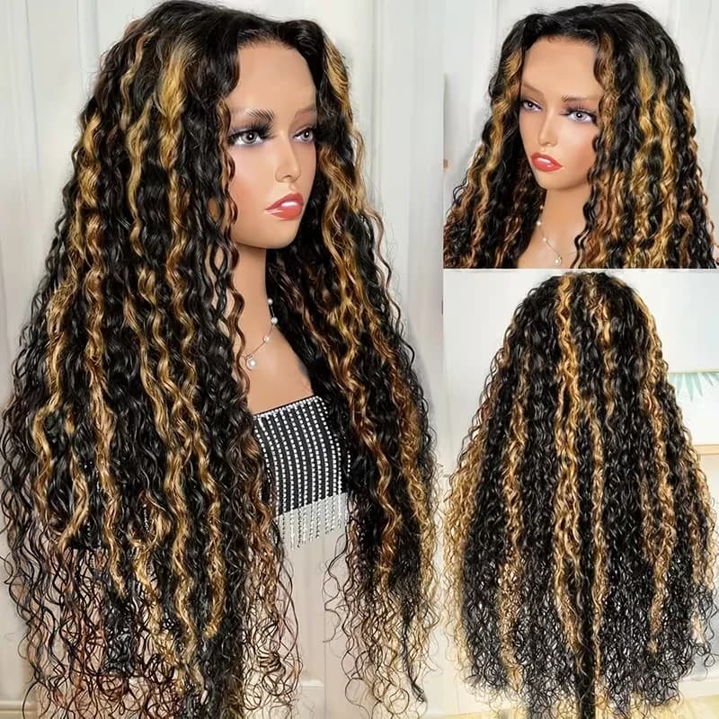 P1B27 Highlight Deep Wave 13X6 HD Lace Wig Human Hair Pre-Plucked Hairline with 180 Density Deep Curly Wig for Women Comes with Small Knots And Baby Hair