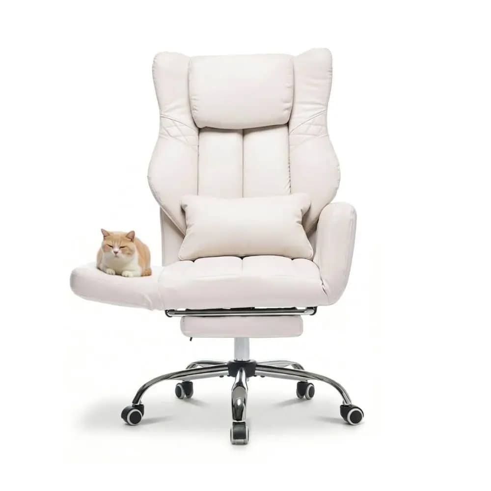 Sedia da Ufficio Direzionale con Poggiapiedi, Reclinabile in Pelle PU, Supporto Lombare, Stile Incrociato, Reclinazione 155° Beige