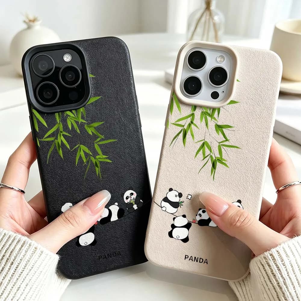 Fun Bamboo Pandas Rope Soft Silicone Case For iPhone 17 16 15 14 13 12 11 Pro Max Plus Imitation Leather Phone Case