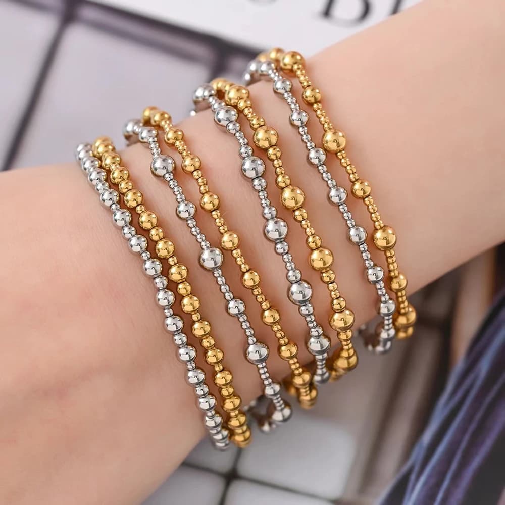 Multiple Styles High Quality Stainless Steel Metal Jewelry Classic Durable Waterproof Beads Elastic Bracelet Women's Daily Gifts