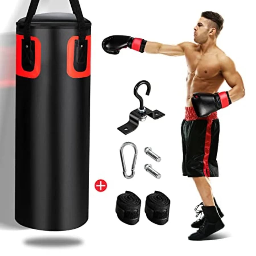 MMA Karate training: 56lbs prefilled heavy duty punching bag set with 12OZ gloves two 95 hand wraps black durable vinyl 360 han