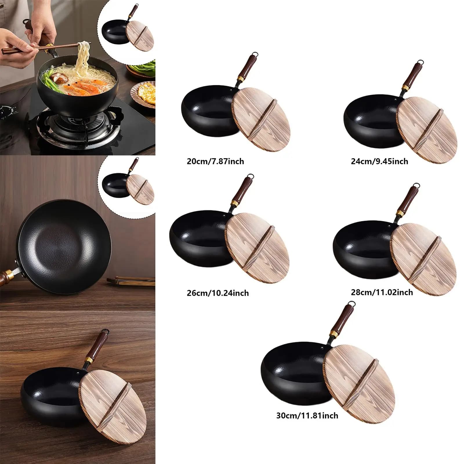 Iron pan with lid Ergonomic handle Small wok reusable flat bottom for all