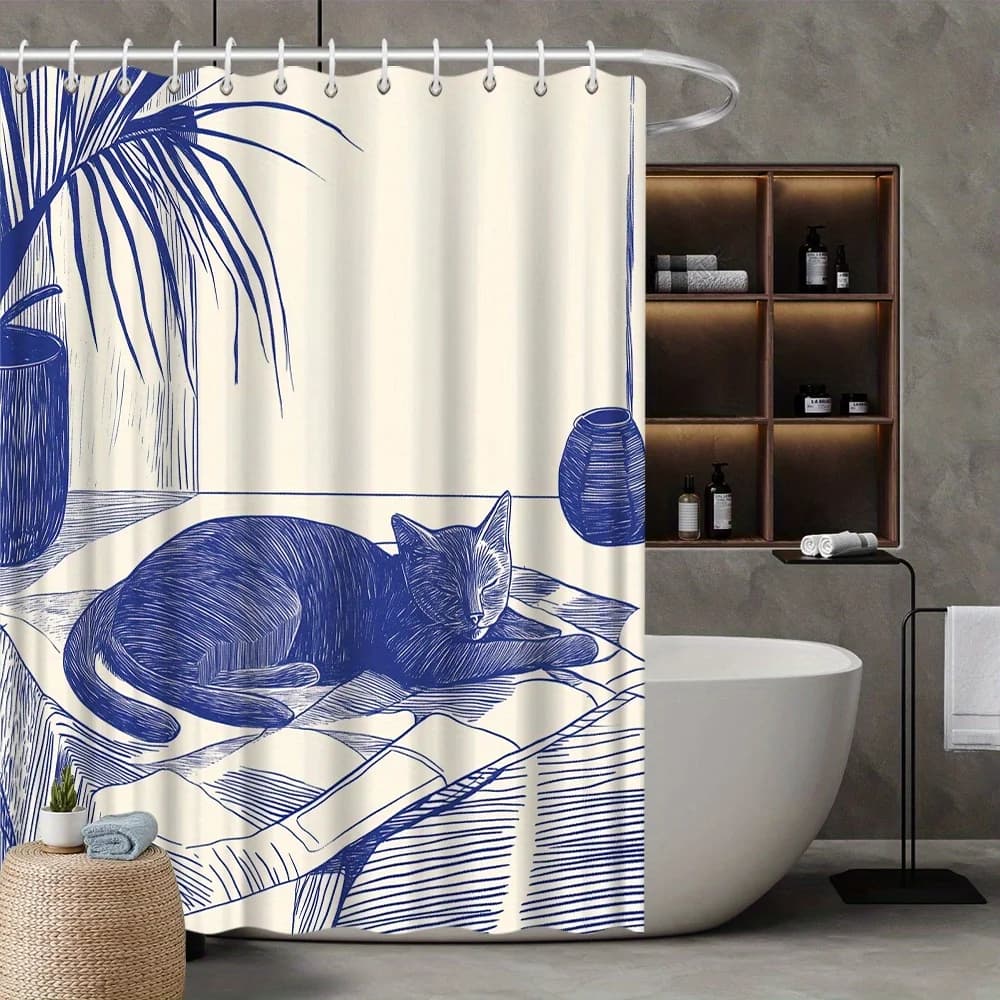 Tenda da doccia a tema gatto, linea blu monocromatica Arte del gatto nero addormentato, illustrazione botanica, poliestere, arredamento per il bagno