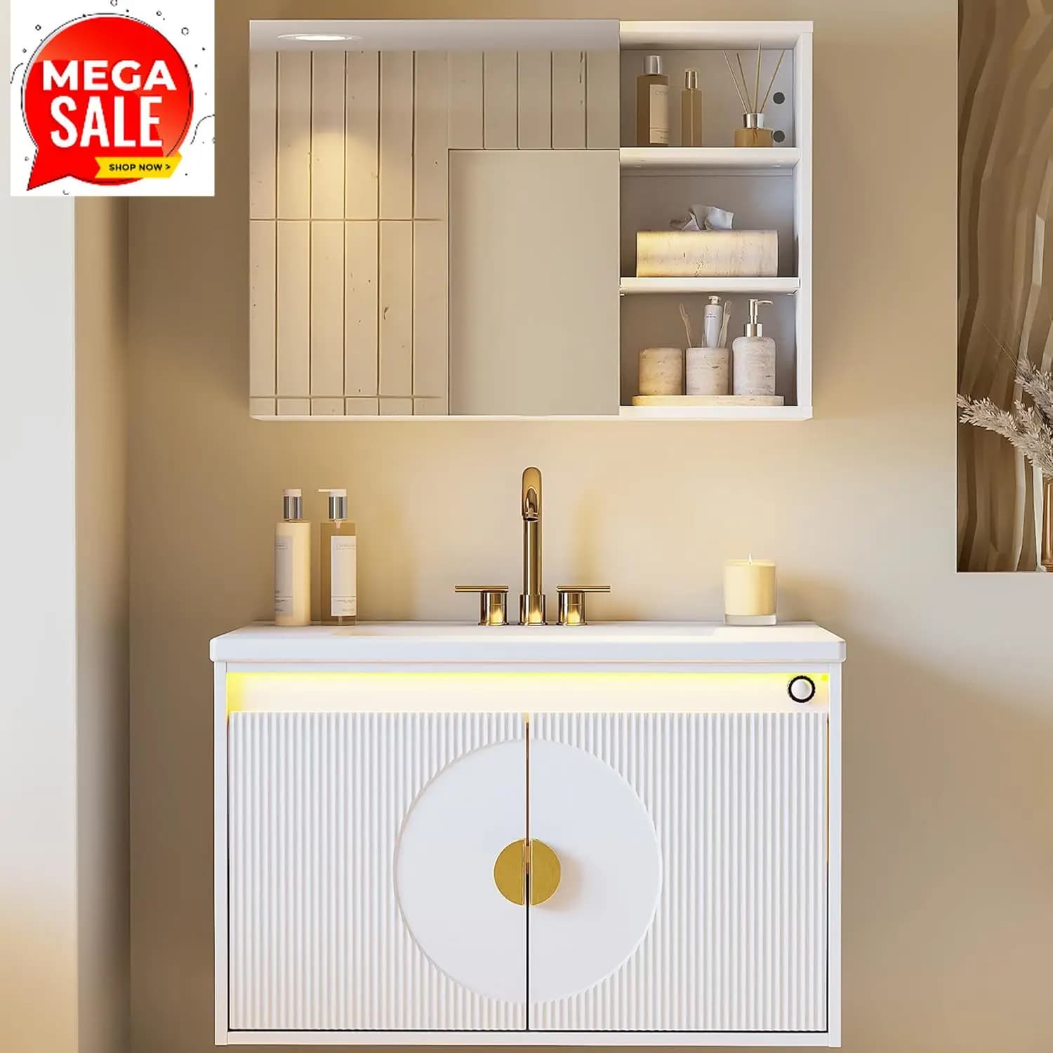 Bestseller Mobile Bagno Sospeso con Lavabo, Armadietto a Specchio, Striscia LED, 30 Pollici, Moderno Mobile Lavabo da Parete