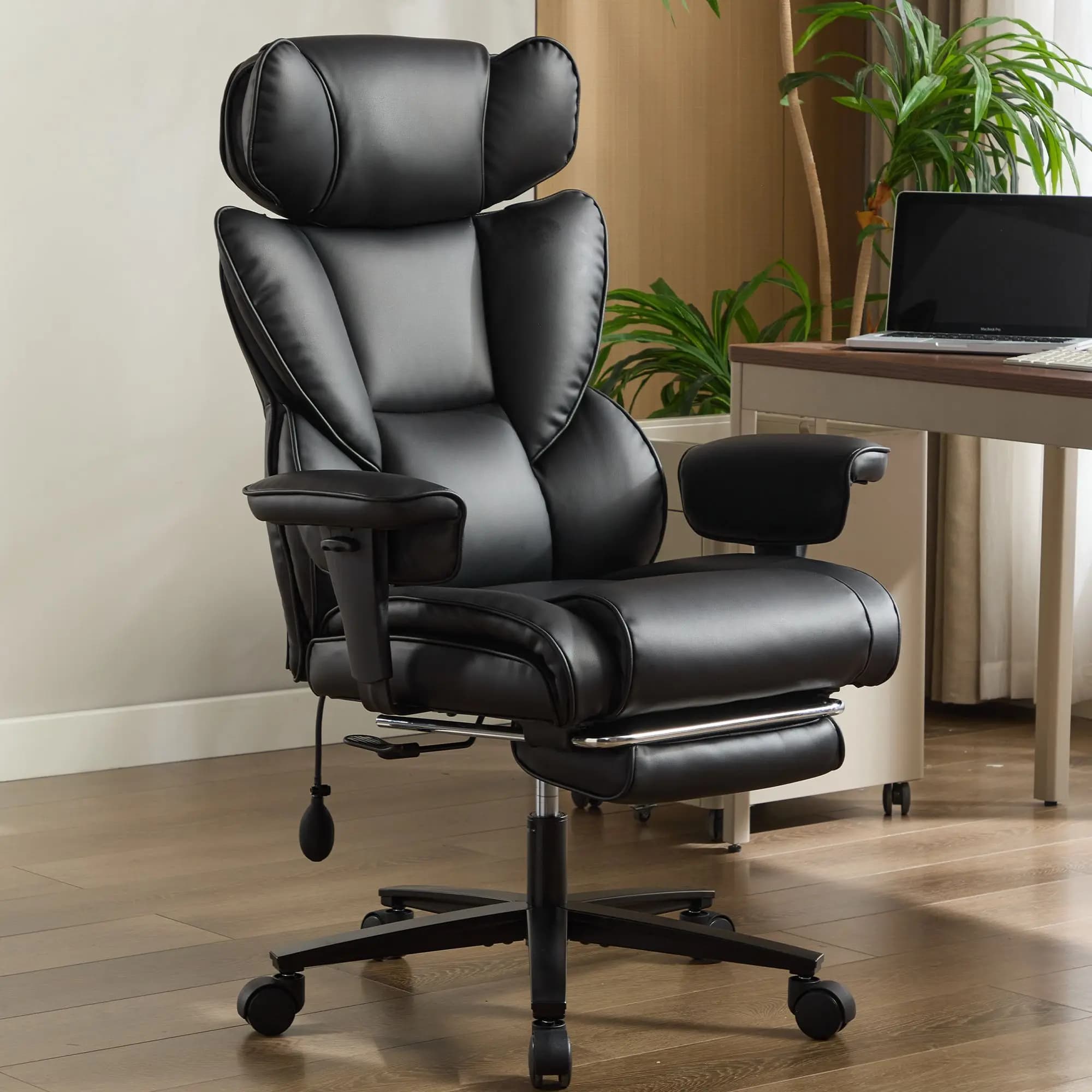 Sedia da Ufficio con Poggiapiedi e Supporto Lombare, Sedia Ergonomica da Gaming con Poggiatesta Regolabile, Sedia Reclinabile in Pelle con Schienale Alto per Casa, Nera