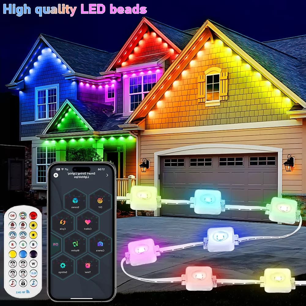 Stringa impermeabile 196FT/147FT/98FT/49FT Luci esterne permanenti RGB+IC Luci natalizie intelligenti per decorazioni natalizie di Capodanno.