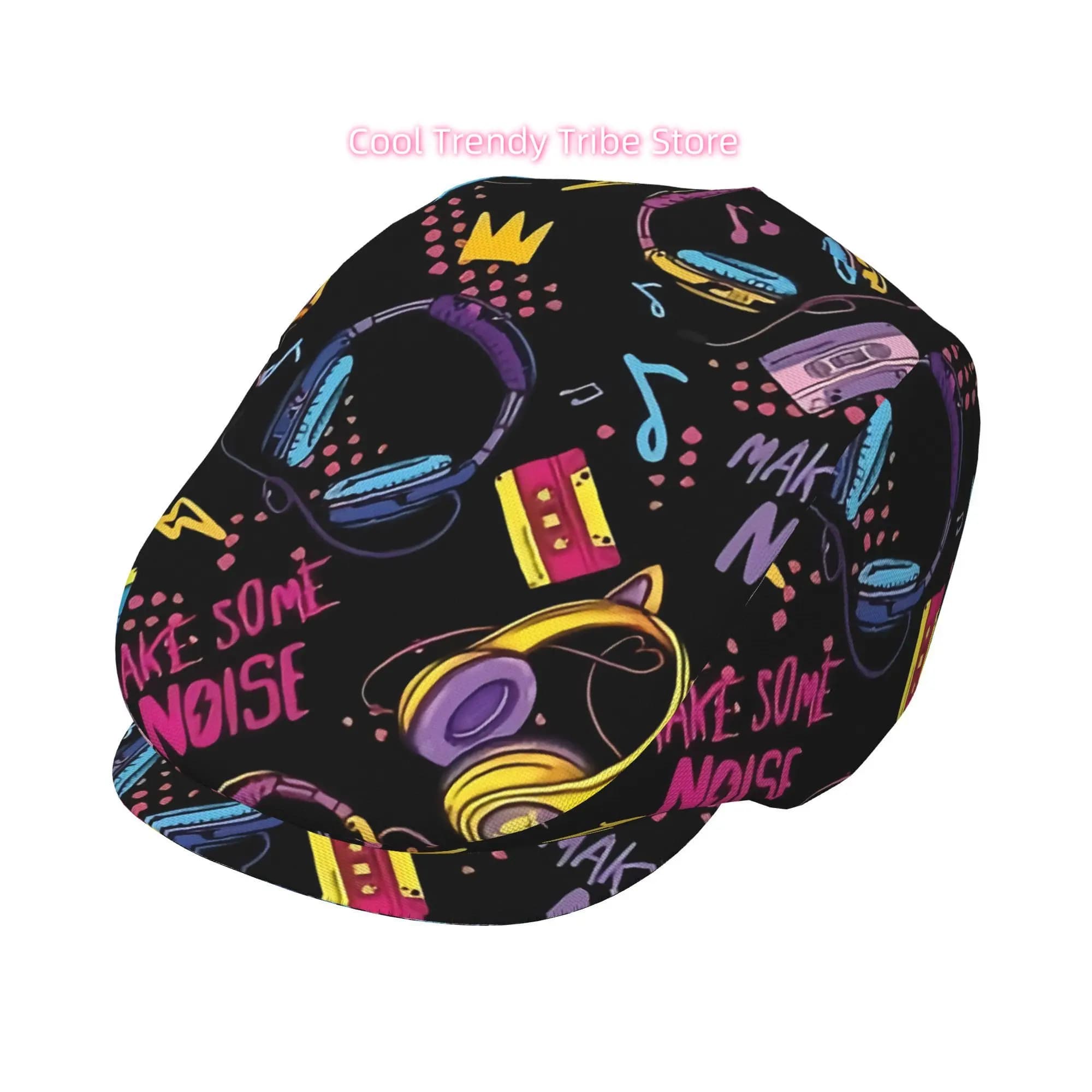 1pc Noise Paradise Retro 80s/90s Music-Themed Beret Cap - DJ-Inspired Full-Print Pop Culture Design with Cassette Tapes, Headpho