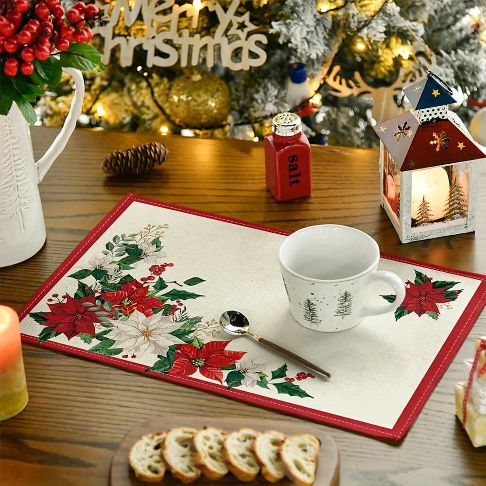 4-piece set of beige leaf Christmas potted plant placemats, 12x18inch seasonal winter party kitchen table decoration