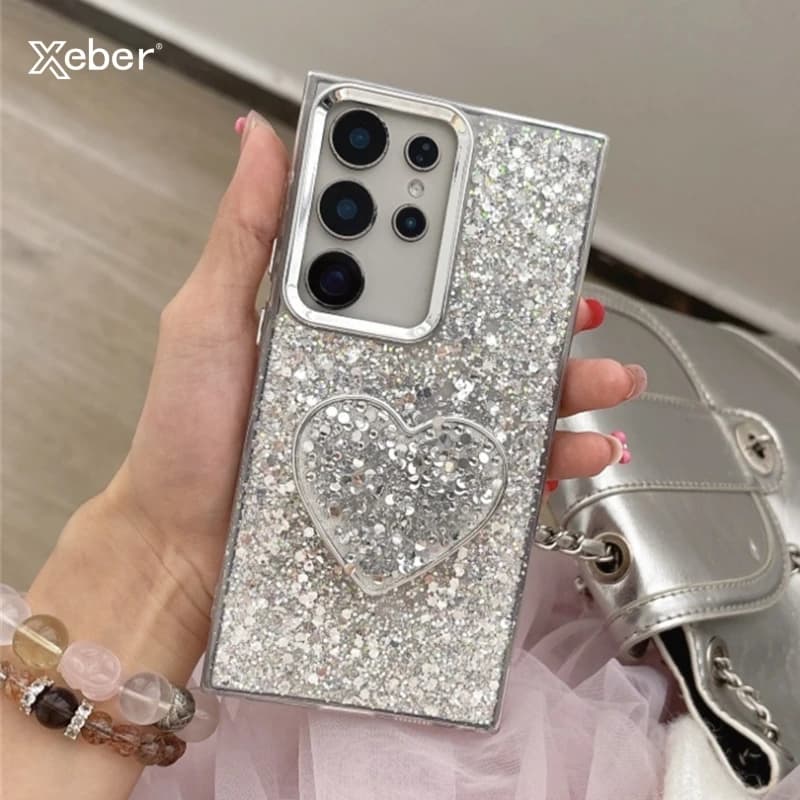 Sparkling heart-shaped housing for Samsung Galaxy S25 S24 S23 S22 Ultra Plus FE Shock-resistant case with full Glitter plating