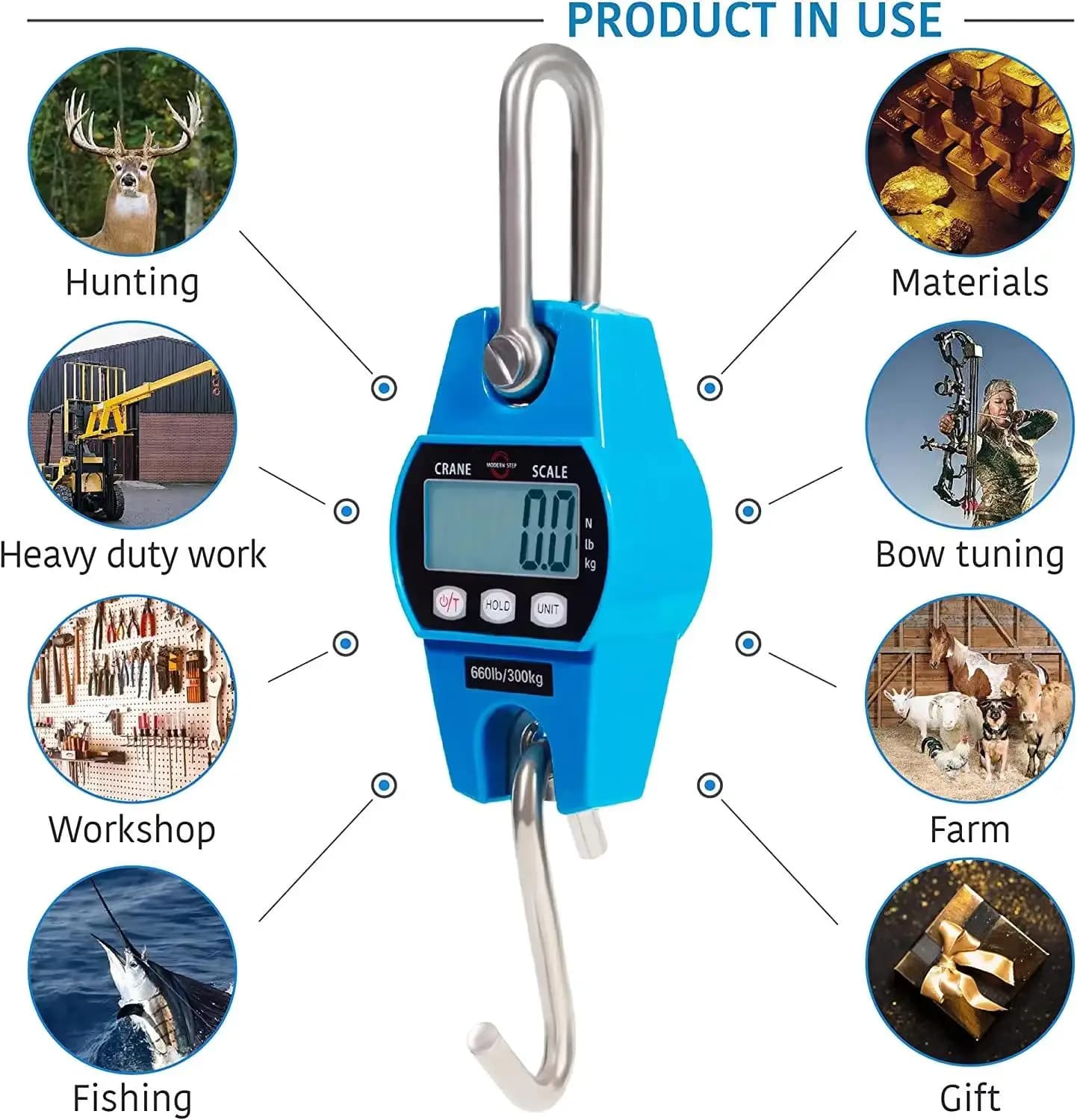 Bilancia digitale multifunzione da appendere 200/300 kg LCD Strumento di pesatura portatile per valigie, pesca, bici e test di carico industriale