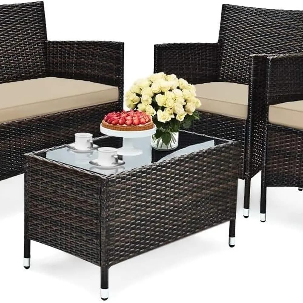 Set di mobili da giardino per esterni: vimini in rattan da 4 pezzi con divano imbottito, sedie e tavolino da giardino, bordo piscina