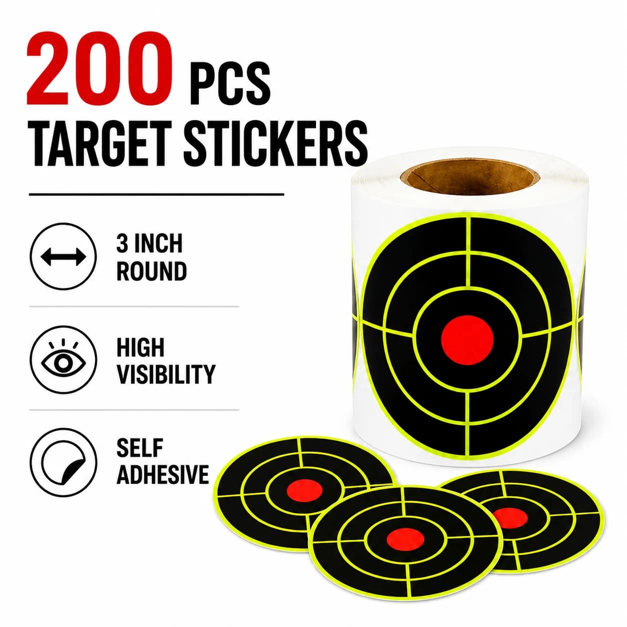 200PCS Target Stickers 3 Inch Round Self Adhesive High Visibility Bullseye Practice Labels Roll for Indoor Outdoor Range Targets