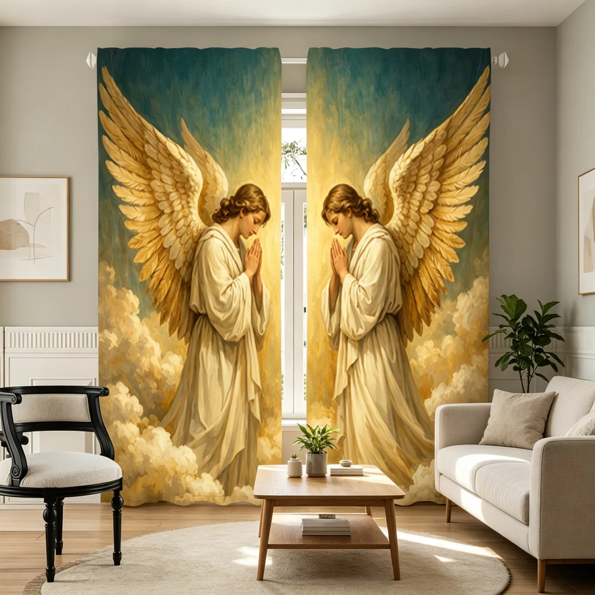 2pcs Praying Angel Wings Curtains Heavenly Gold Window Drapes Holy Divine Faith Art Decor for Living Room Bedroom