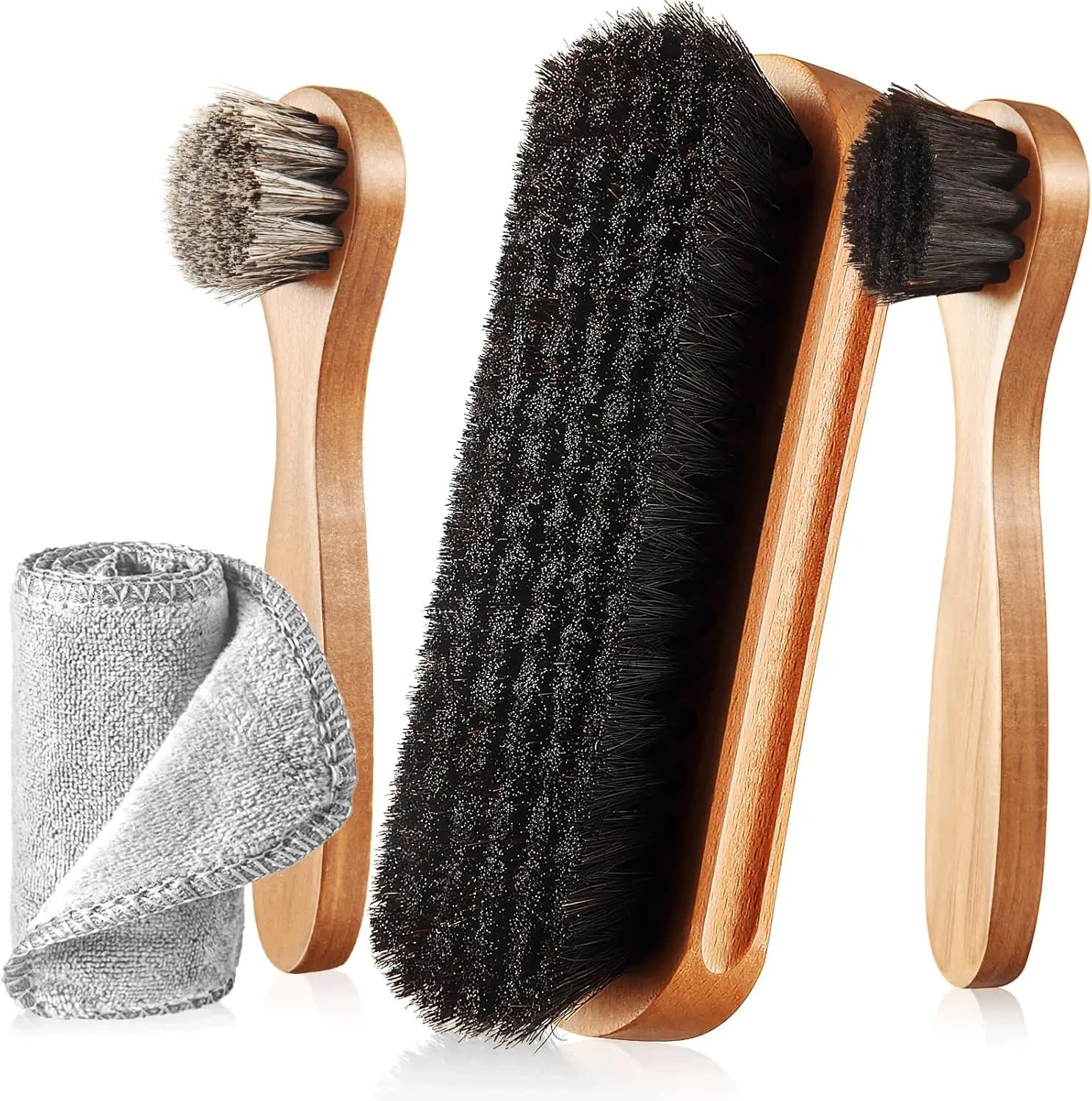 Kit di 4 spazzole in crine di cavallo per lucidare le scarpe con applicatori per la cura delle stivali in pelle e la pulizia del camoscio, include