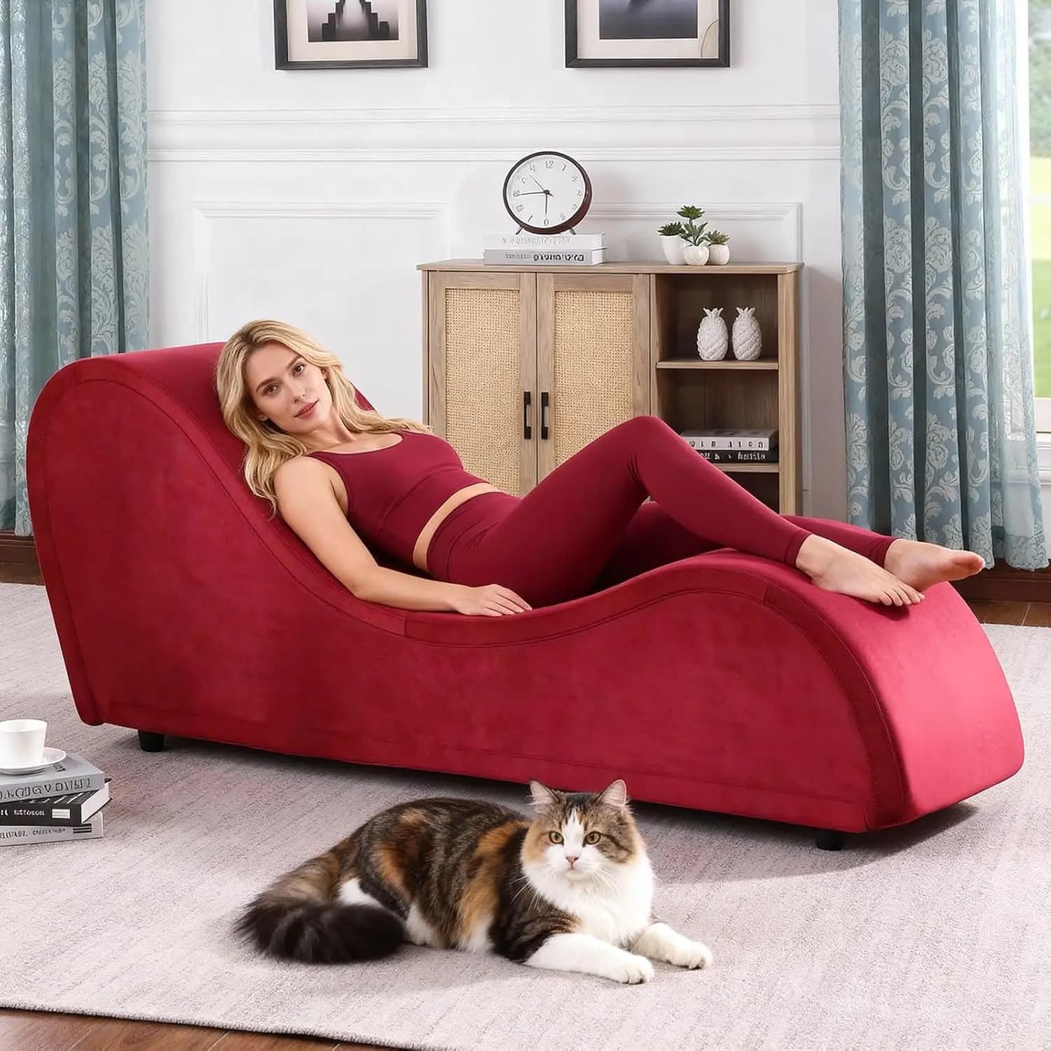 Red Ergonomic Chaise Lounge Chair with Removable Velvet Cover, Heavy-Duty Metal Frame Sofa Bench, Customized