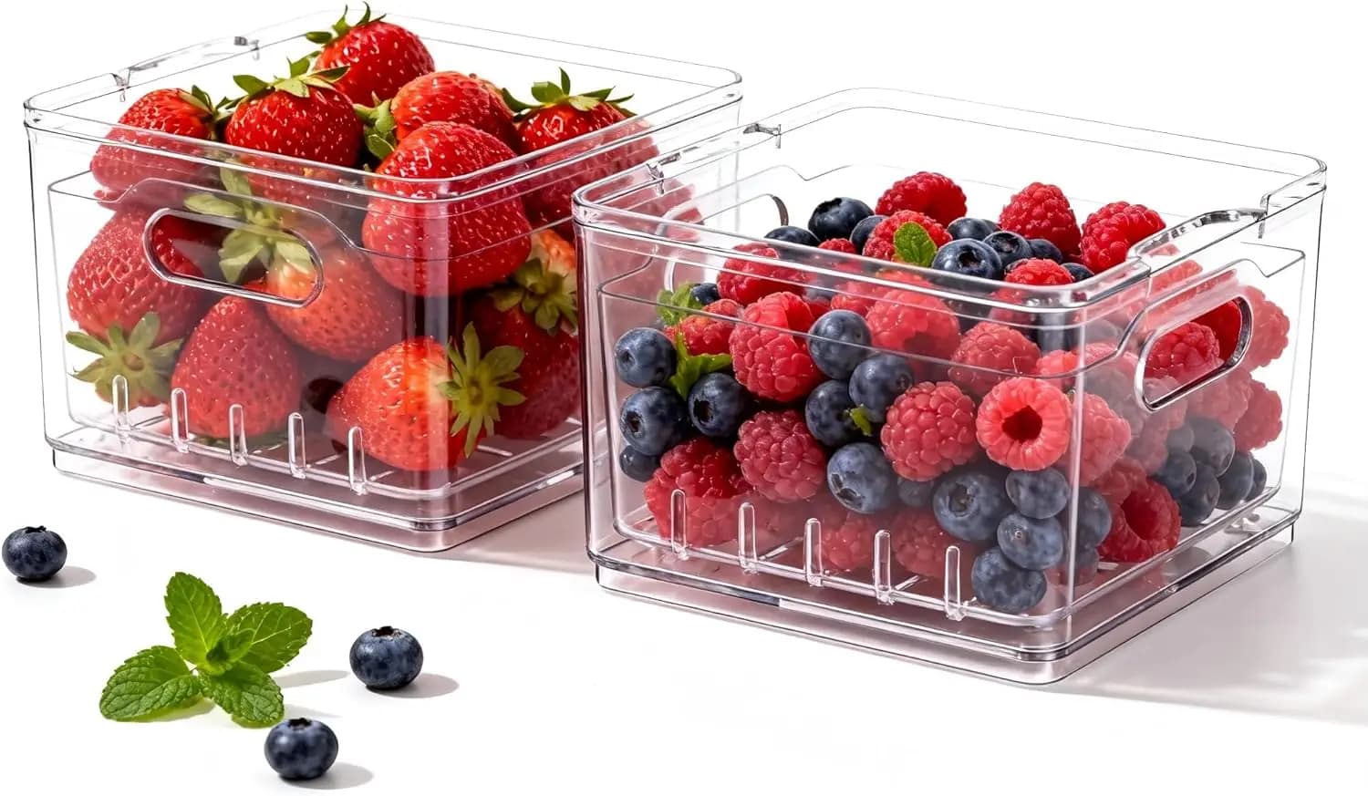 Contenitori trasparenti in PET per alimenti con scolapiatti e colino per il lavaggio, contenitori quadrati per l'organizzazione del frigorifero (confezione da 2)