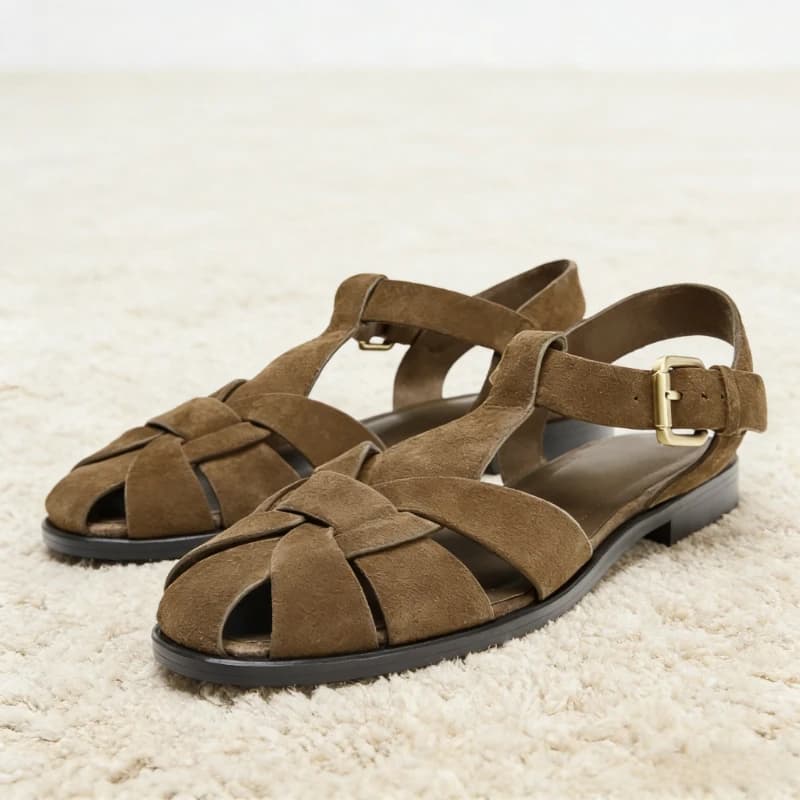 Suede Weave Retro Metal Buckle Designer Sandals Women Hollow Gladiator Shoe Summer 2026 Flat Beach Shoes Female Zapatos De Mujer