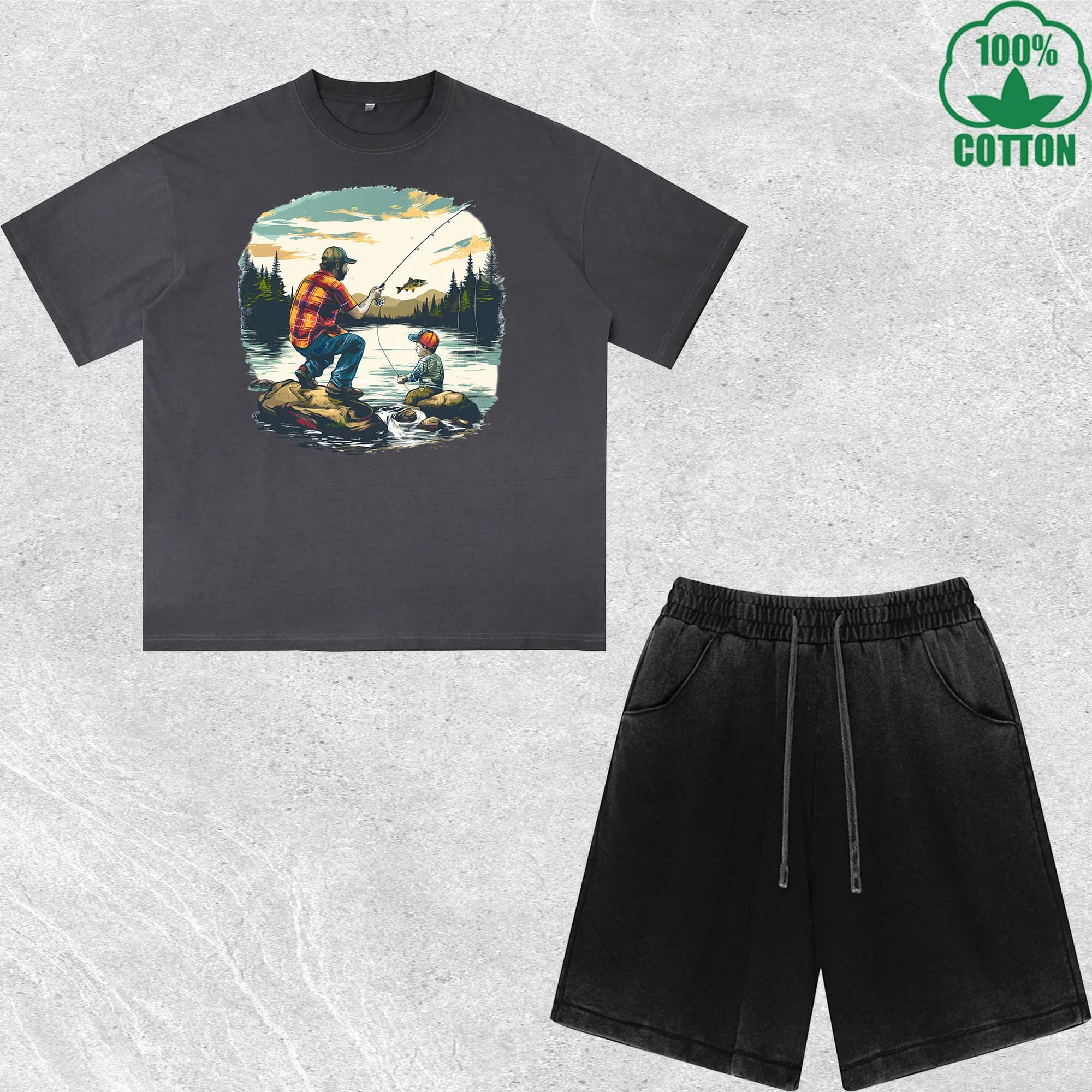 Complete T-shirts and Shorts Printed 'Fishing Is My Game' Delavé Effect, Wide fit, Fashionable, 100% Cotton, Black