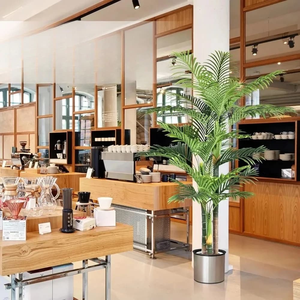 For artificial tree with triple brown palm 6 feet high, large tropical palm, fake UV-resistant plant in pot for interior and exterior