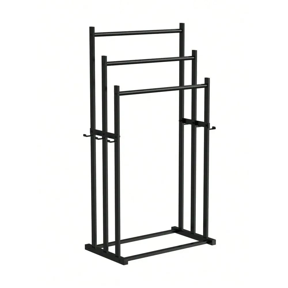 Portasciugamani Moderno Autoportante, Elegante Portasciugamani da Bagno a 3 Livelli Nero con Ganci, Robusto Portasciugamani da Terra
