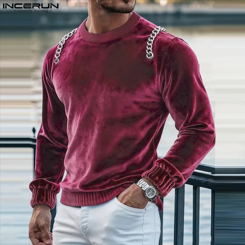 INCERUN T-shirt da uomo a tinta unita girocollo a maniche lunghe in velluto, top casual streetwear moda primavera 2026, abbigliamento uomo S-5XL