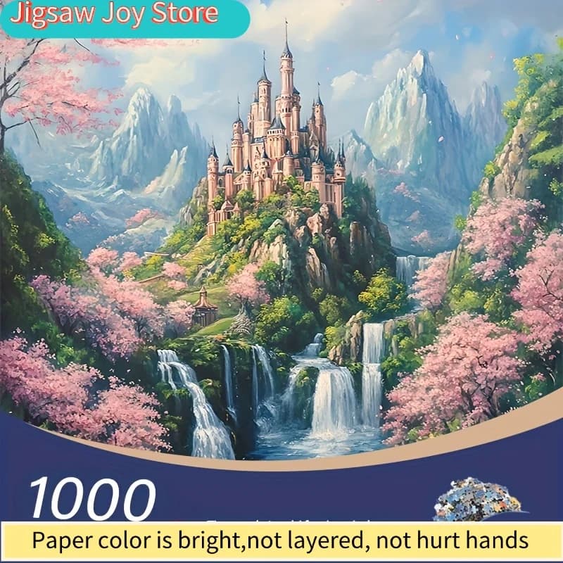 Mini Puzzle Adatto per Adulti - Castello con Cascata e Albero di Ciliegio in Fiore con Design in Miniatura, Resistente ai Graffi