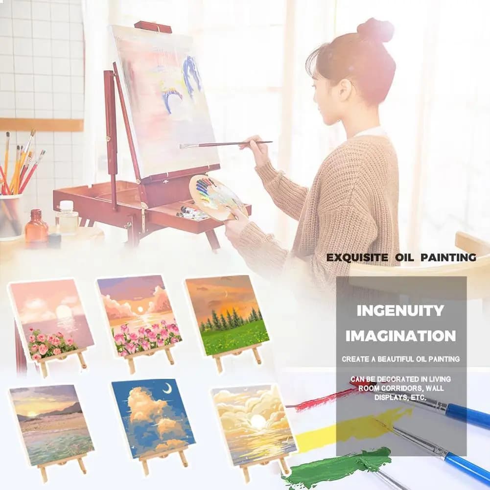 DIY Paint by Numbers Kit for Adults Kids, 6 Styles Landscape Oil Painting Set with Mini Easel Brushes, Number Painting Art Craft