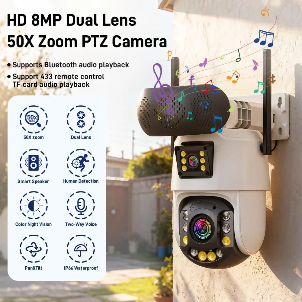 Telecamera IP Dome PTZ Wireless a Colori con Sirena Potente da 8MP, Rilevamento Umanoide AI, Sicurezza Domestica CCTV, Baby Monitor - Compatibile con APP iCsee e Onvif