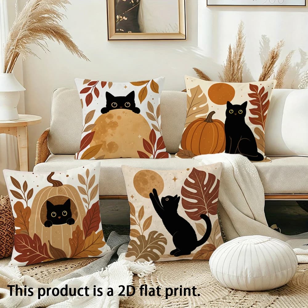 1pc Fall Black Cat Pumpkin Throw Pillow Covers, Autumn Floral Moon Decorative Square Cushion Cases for Home Sofa Bedroom