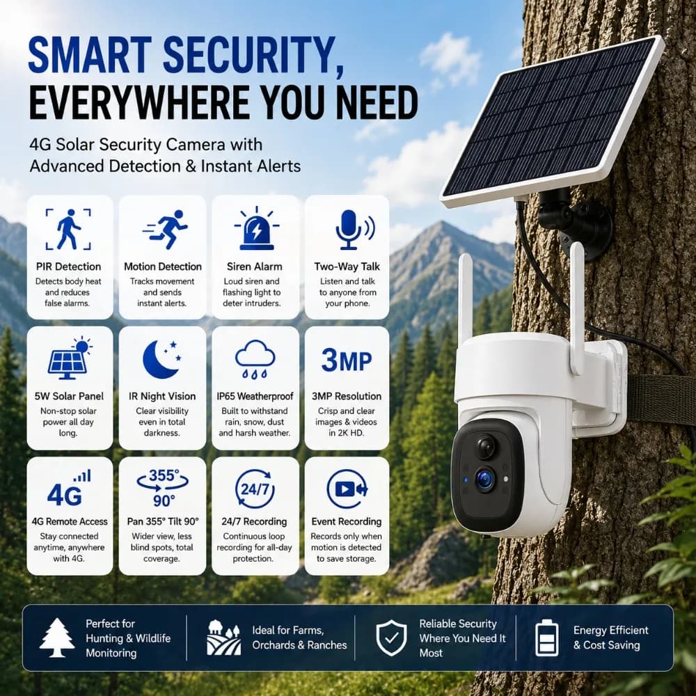 BC30T 4G Solar PTZ Security Camera 3MP HD Night Vision PIR Alert Two Way Audio Waterproof Outdoor Camera Built-in SIM